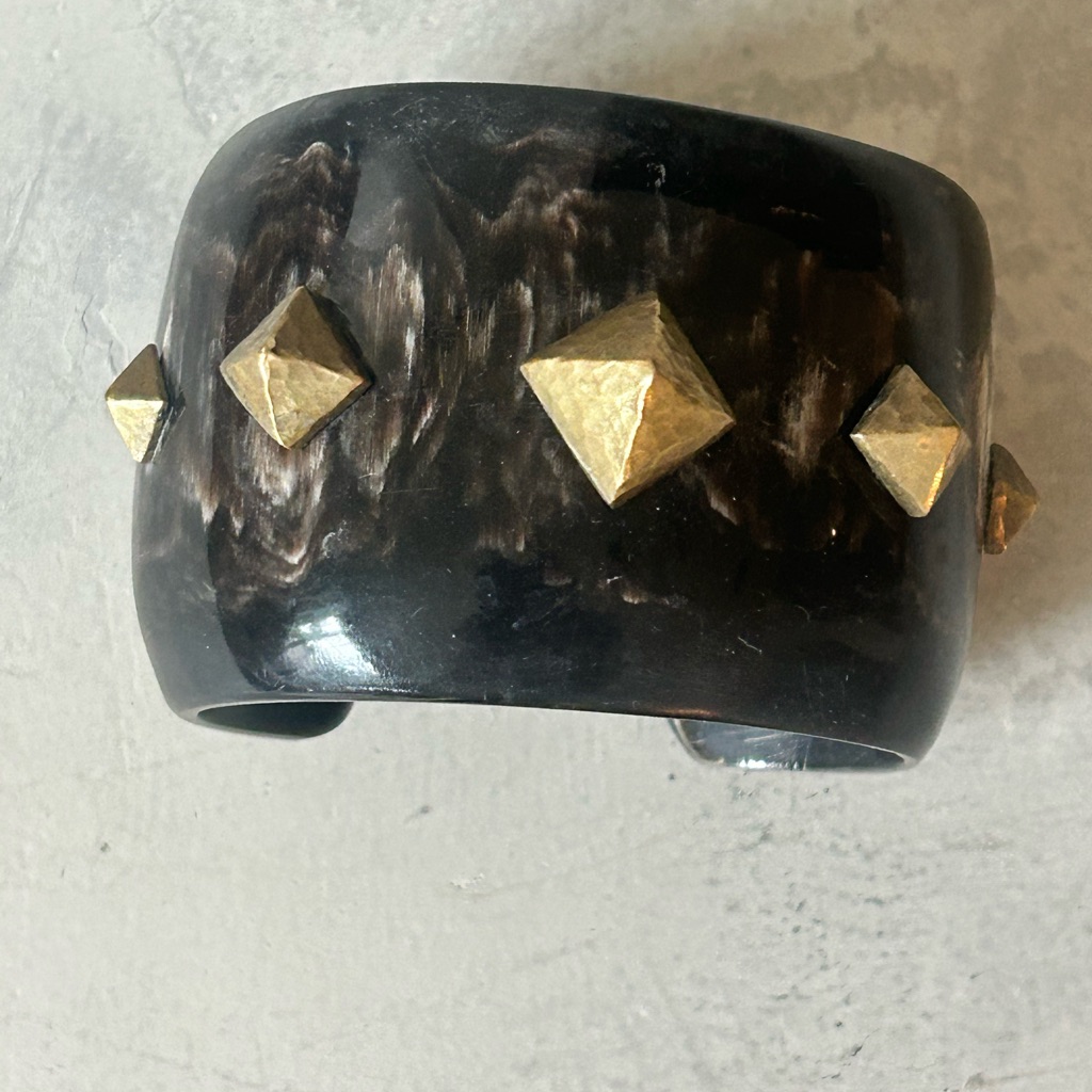 Ashley Pittman Ap Black Brown Dark Horn Kupanda Cuff W/ Gold Studs Cuff Bracelet